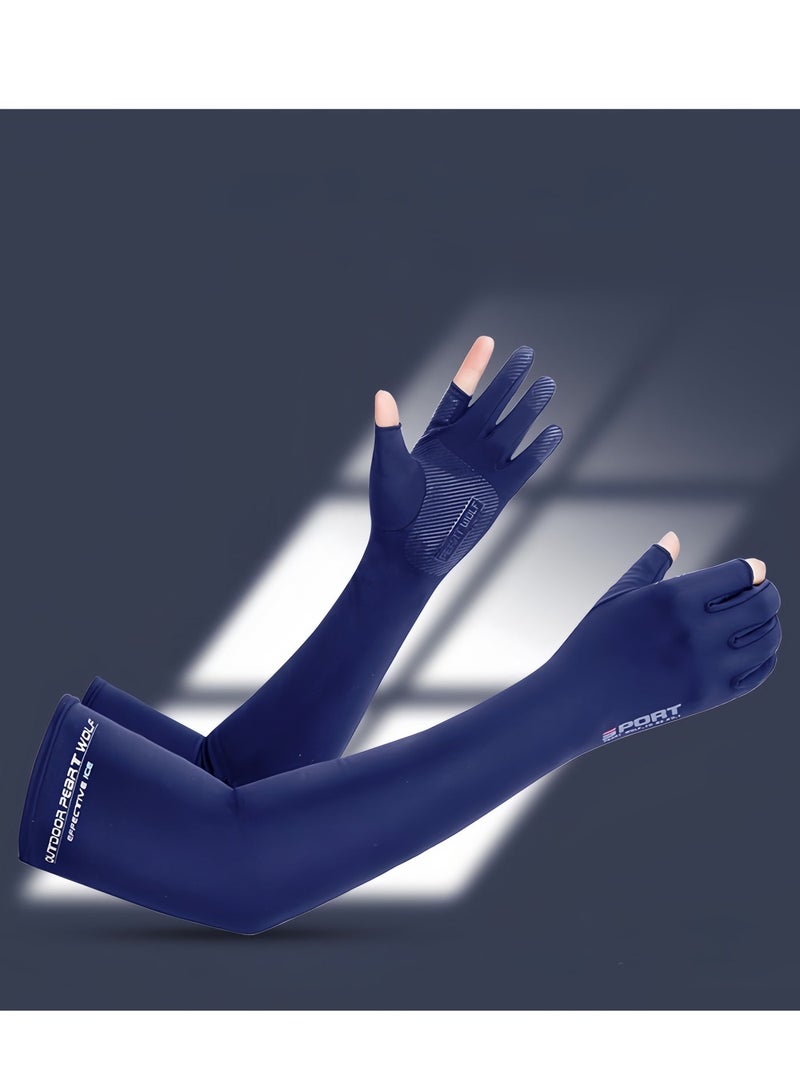 أكمام ذراع للرجال للحماية من الشمس وقفازات للقيادة، وأكمام ذراع وقفازات مدمجة، وأكمام ذراع صيفية من الحرير الجليدي للحماية من الأشعة فوق البنفسجية، مثالية لركوب الدراجات والجولف والقيادة والمشي لمسافات طويلة (أزرق داكن) - Image 4